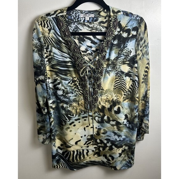 ALBERTO MAKALI Blue Green Floral Print Beaded Lace Up V-Neck Size L Sheer Sleeve - Picture 1 of 11